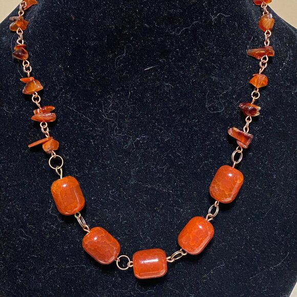 Genuine Burnt Orange Snakeskin Agate Bib Necklace, Large Gemstone & Copper Links - Picture 3 of 13